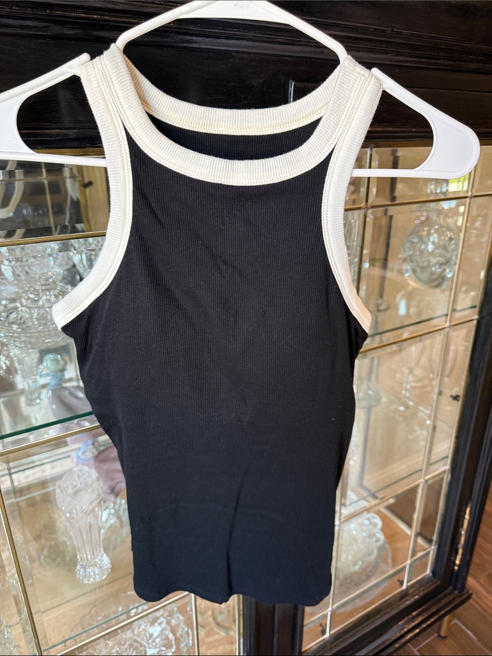 Black Ribbed built in bra Tank with white Trim